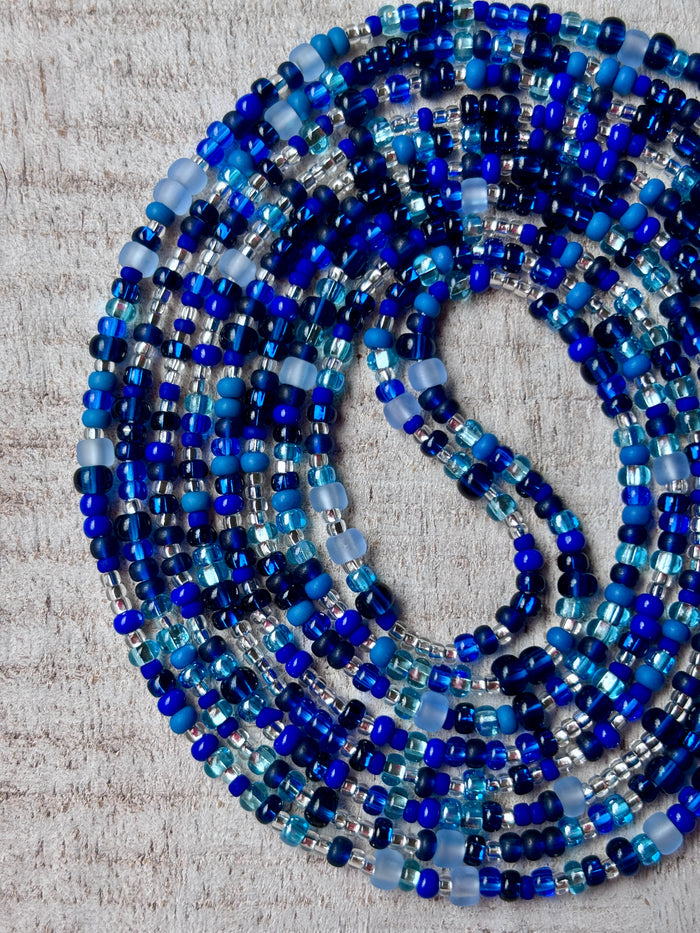 Denim on Denim Waistbead, handcrafted African tie-on waist beads by Raine Waistbeads